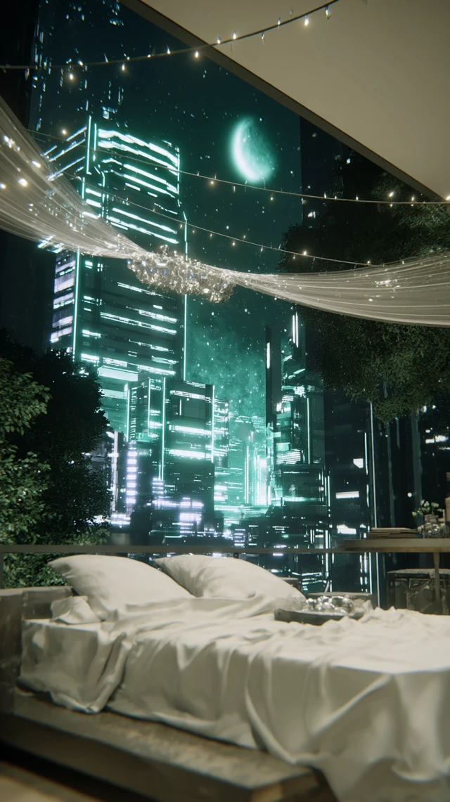 Cyberpunk Osaka Room View Neon Skyline Pixel Art