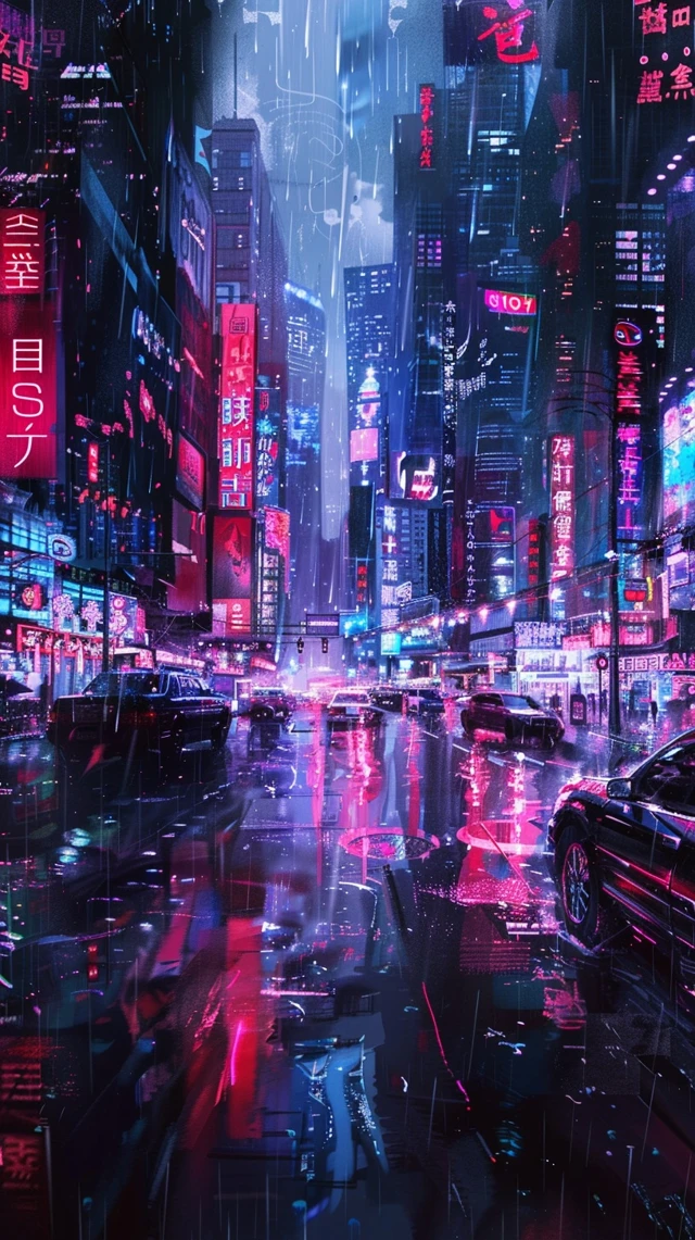 Cyberpunk Cityscape Rain Neon Lights Reflections