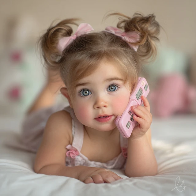 Cute Baby Girl Portrait On Phone