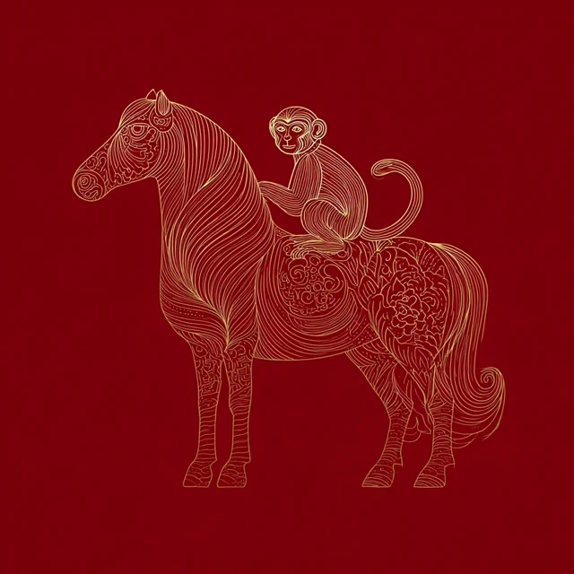 Golden Horse and Monkey Illustration Chinese Art