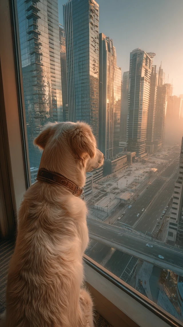 Golden Retriever Overlooks Modern City at Dawn