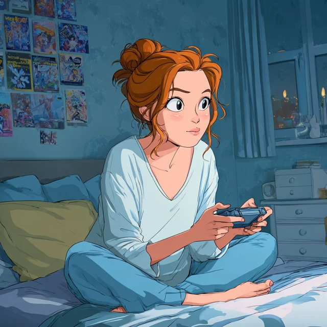 Anime Woman Playing Video Games In Her Bedroom