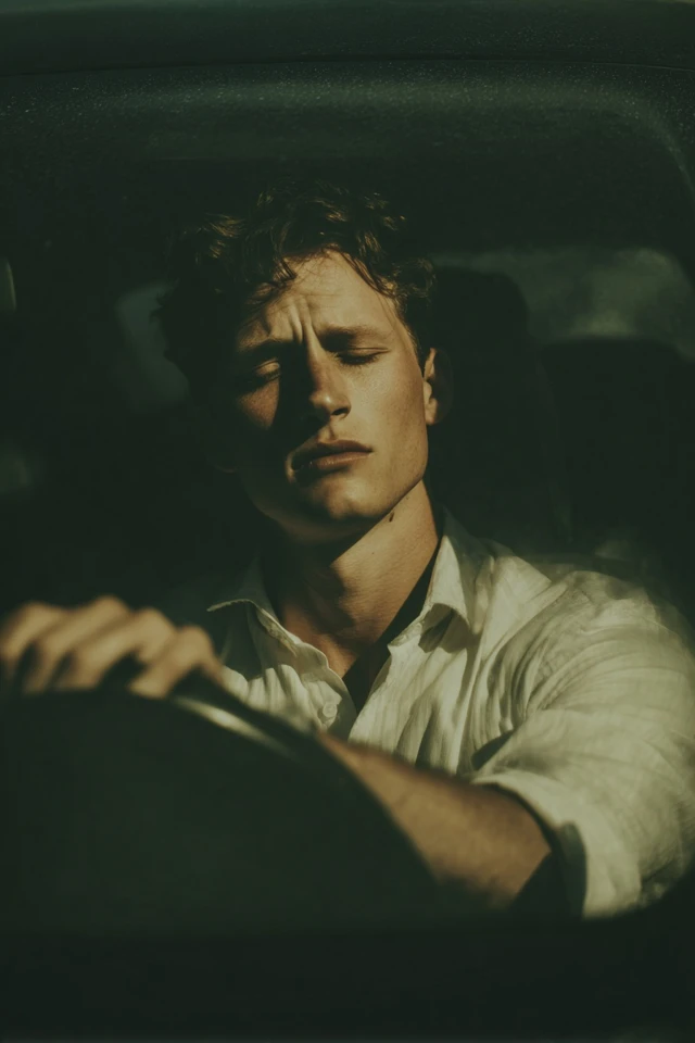 Man in Car Eyes Closed Shirt Driving