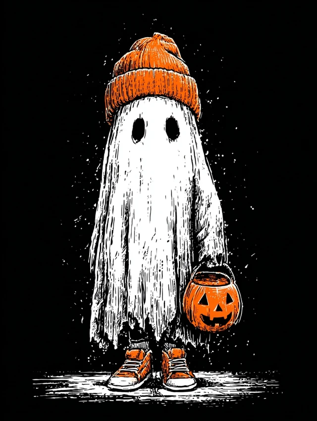 Cute Ghost in Beanie Halloween Illustration