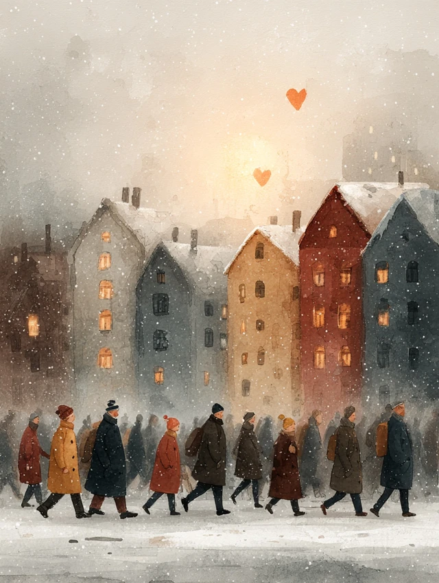 Neighborhood Love Illustration Winter Scene