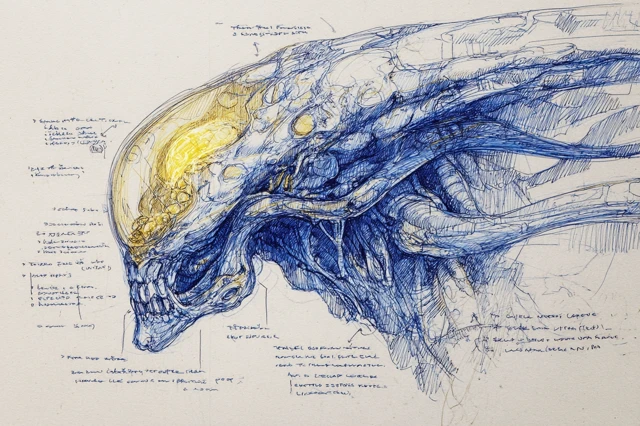 Alien Anatomical Study: Hand-drawn Ballpoint Pen