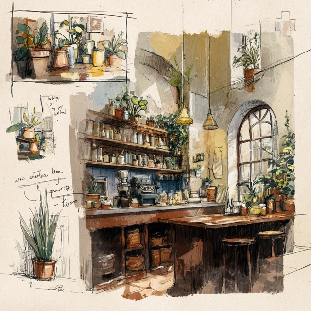 Coffee Shop Design Concepts Pottery Plants Candles Indie