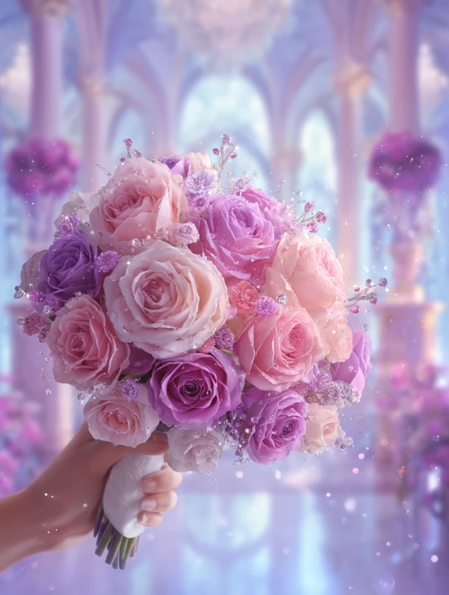 Elegant Wedding Bouquet Pink and Purple Roses Diamonds
