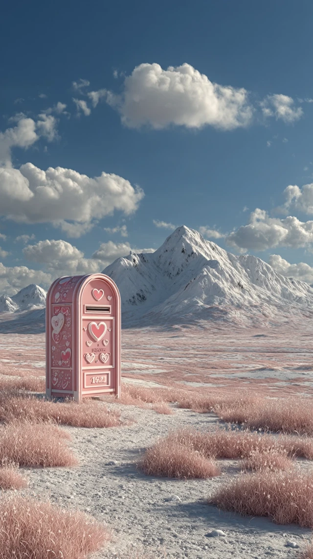 Surreal Mountain Landscape with Pink Mailbox