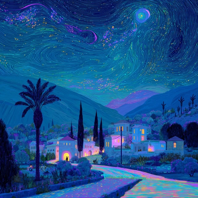 Neon Village Night Scene Tranquil Landscape