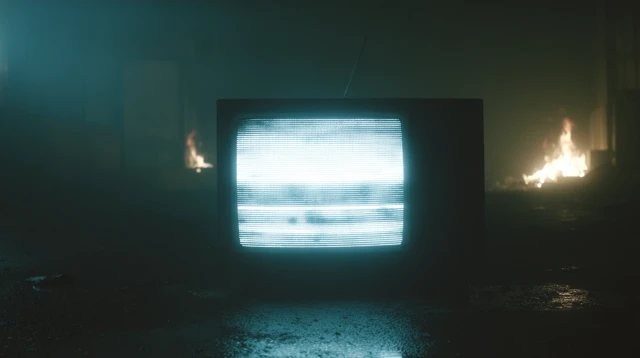 Mysterious TV Static in Burning Scene Cinematic Still