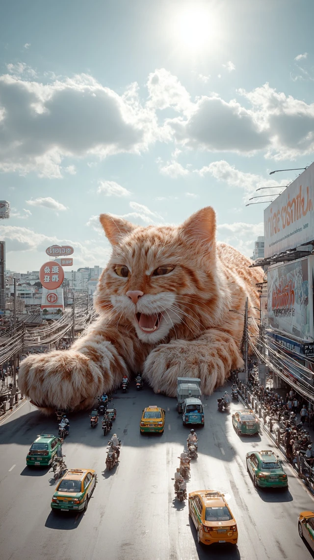 Giant Cat in Bangkok Surreal Street Scene