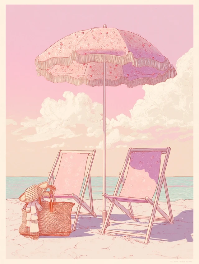 Pastel Beach Scene with Chairs and Umbrella