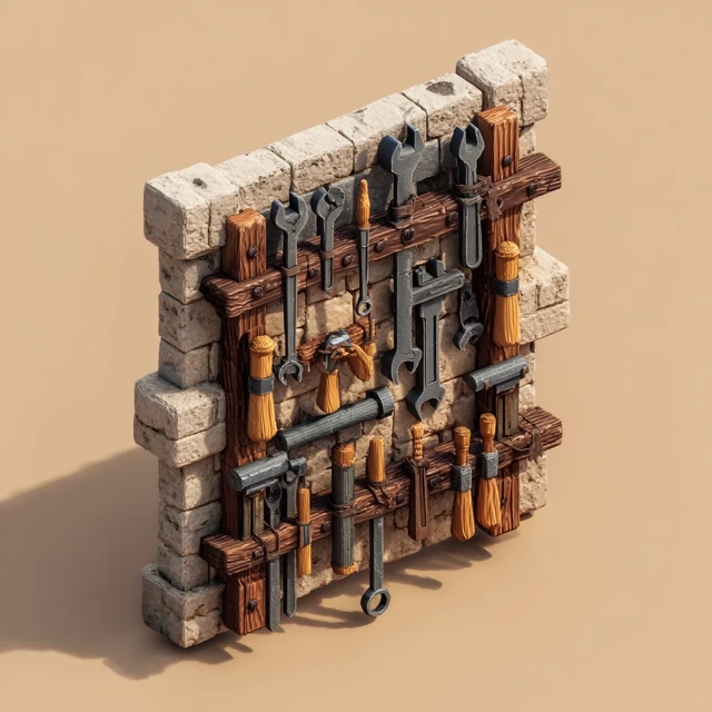 Medieval Wall Mounted Tool Grid Pixar Style 3D Render