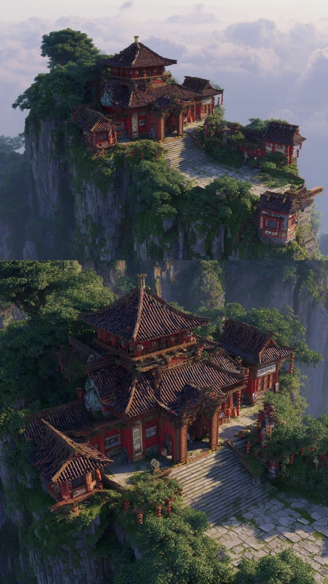 Chinese Daoist Temple on Misty Mountain Peak