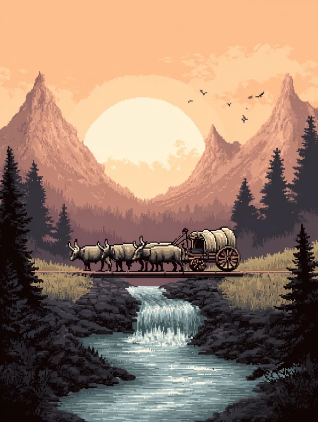Pixel Art Oxen Wagon Crossing River Vintage Game