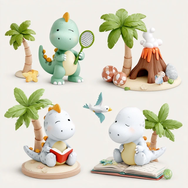 Cute Cartoon Dinosaurs Playing Sports and Reading