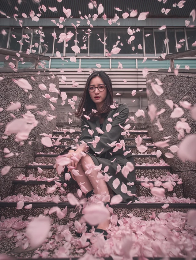 College Student in Cherry Blossoms Movie Scene