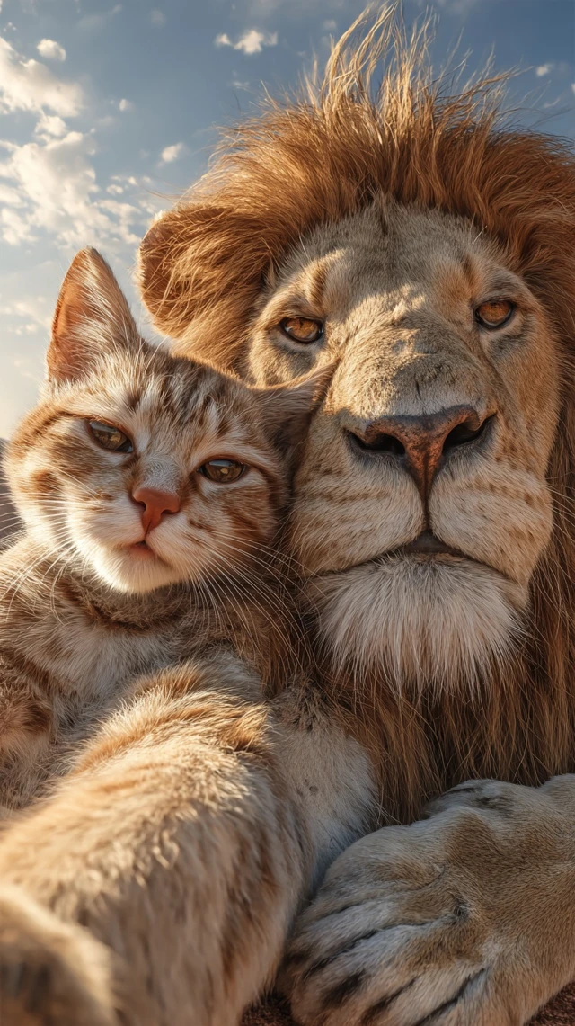 Cat and Lion Selfie in Africa Smiling Friends