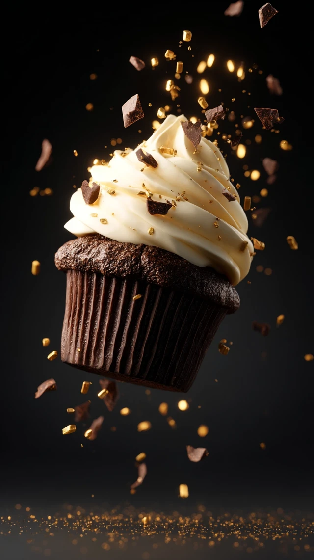 Chocolate Cupcake With Vanilla Frosting Falling