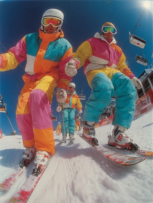 Retro 90s Ski Fashion Ad Vibrant Colors and Bold Designs