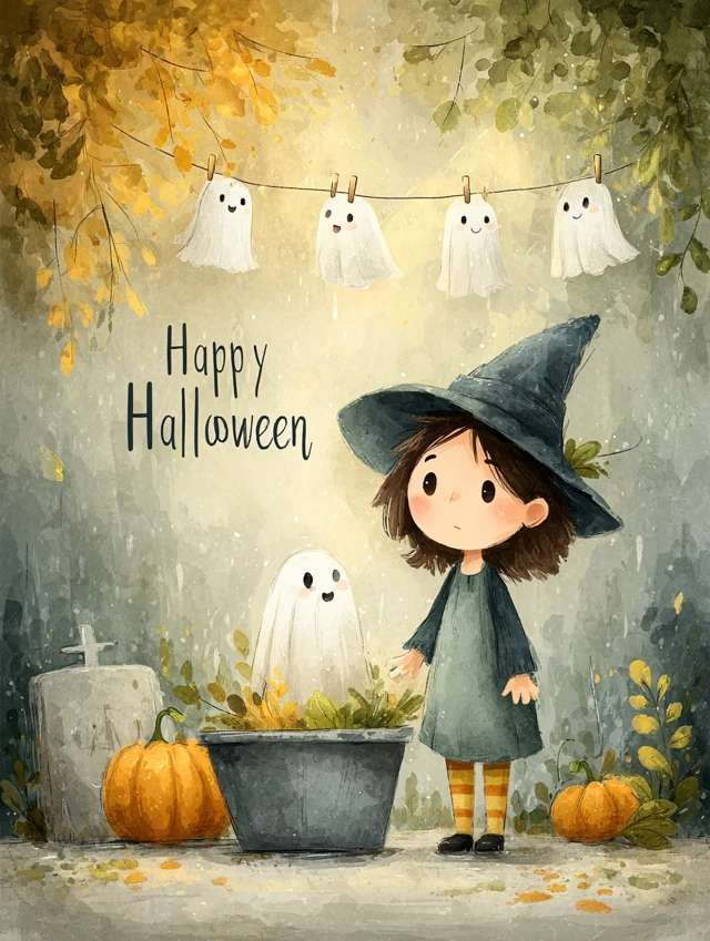 Cute Halloween Witch Washing Ghosts Watercolor