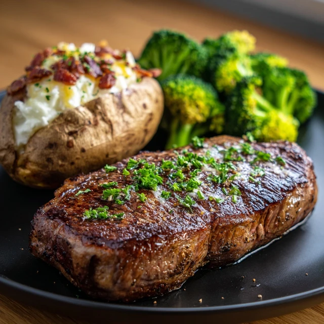 Sirloin Steak with Baked Potato and Broccoli