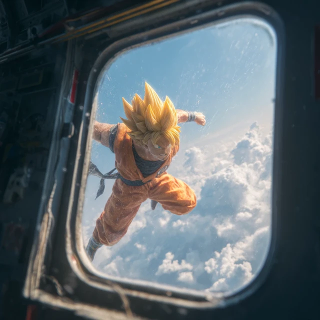Super Saiyan Goku Flying Outside a Helicopter Window
