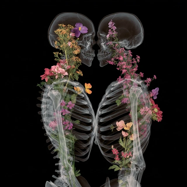 X-Ray Kiss with Flowers: Surreal Anatomy Art