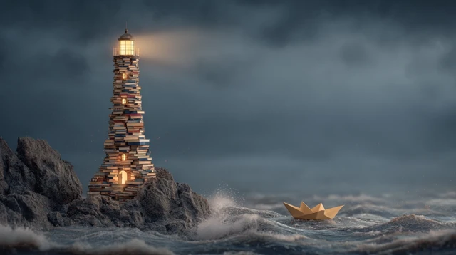 Lighthouse of Knowledge Guiding Paper Boat