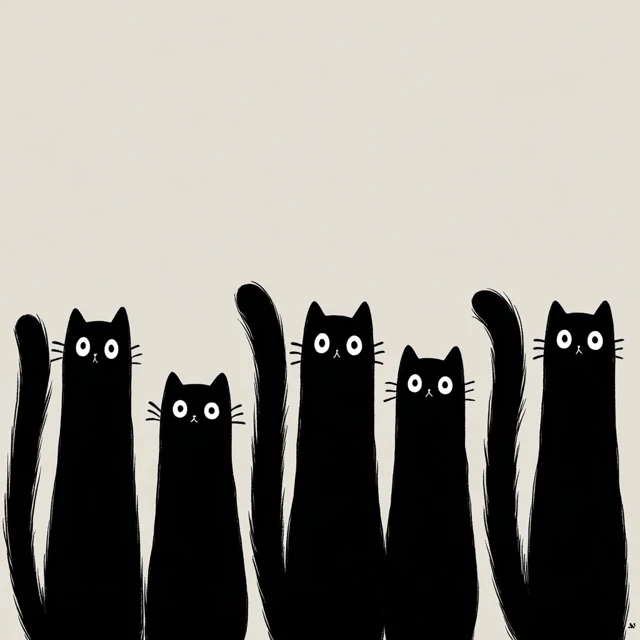 Cute Black Cat Tails White Faces Vector Art