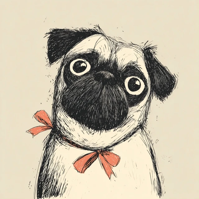 Pug Drawing with Bow Adorable Simple Illustration