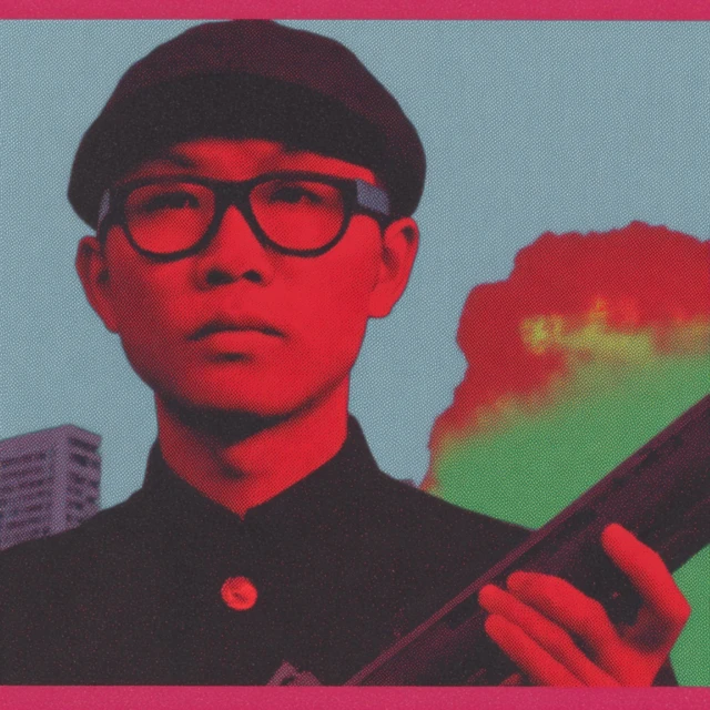 Asian Boy in Uniform with Weapon War Scene