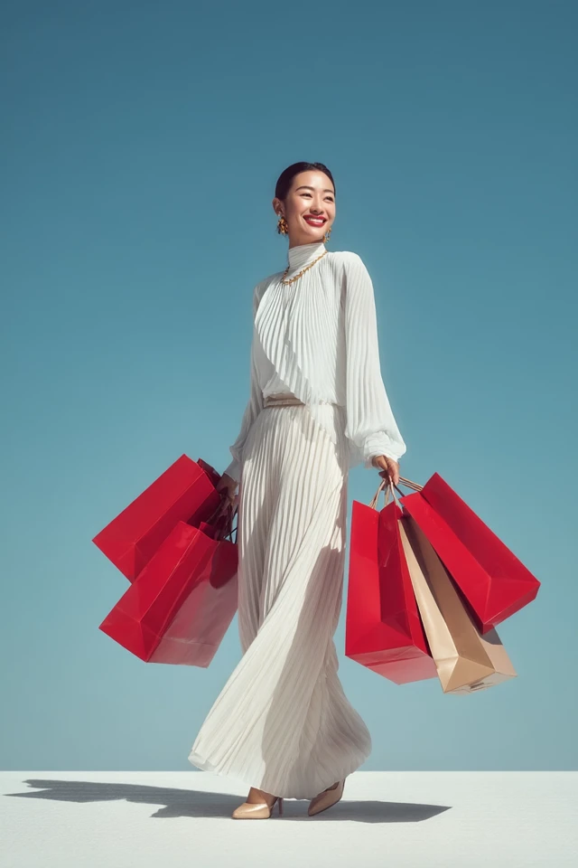 Asian Woman in White Fashion with Shopping Bags