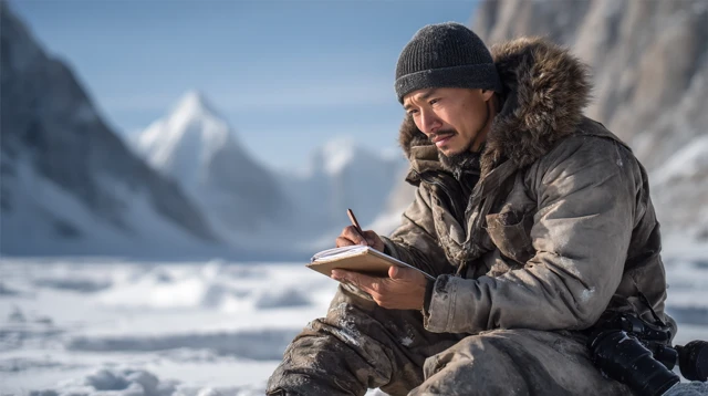 Dr. Simon Li in Icy Wilderness: Cinematic Photograph