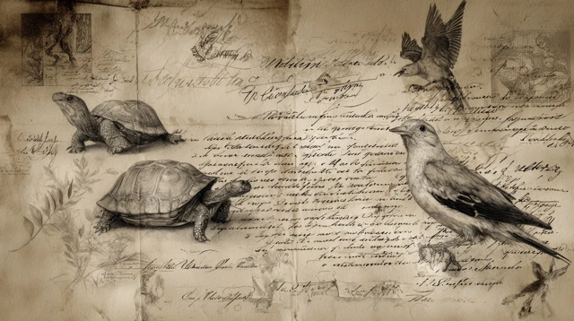 Galapagos Turtles and Finch Sepia Diagram