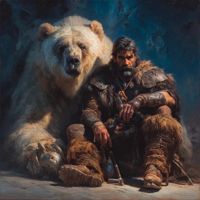 Barbarian Warrior and Bear Oil Painting
