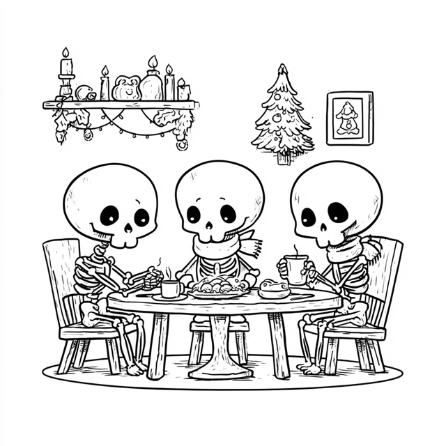 Cute Skeletons Thanksgiving Dinner Coloring Page