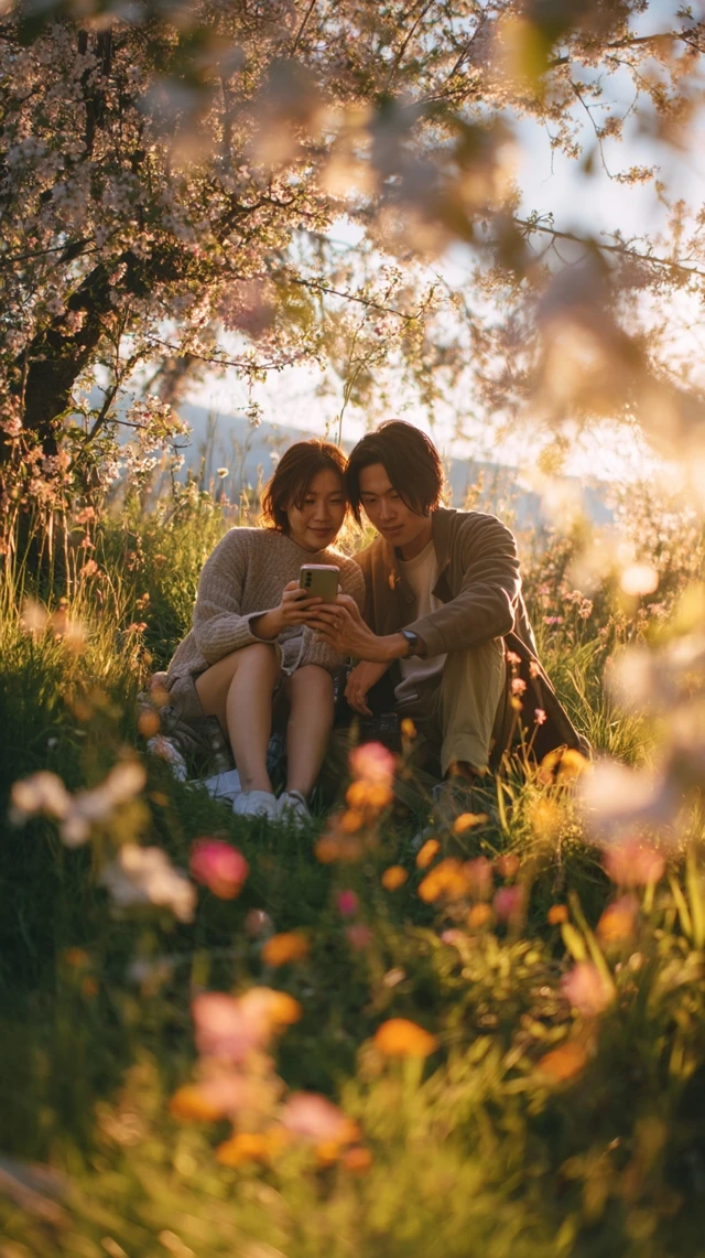Asian Couple Camping in a Meadow During Golden Hour