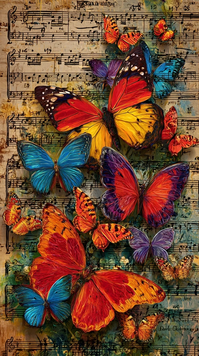 Butterflies on a Vintage Music Sheet Art
