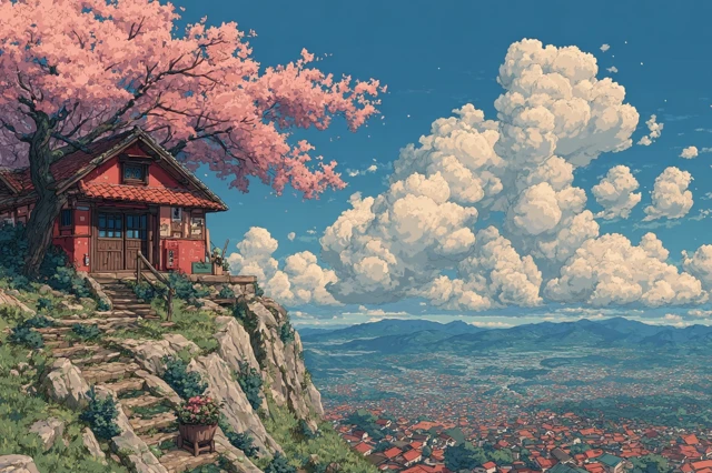 Anime House on Mountain Japanese Landscape Cherry Blossoms