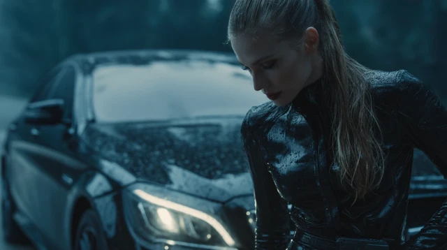 Dark Movie Scene Female in Latex by the Damaged Car