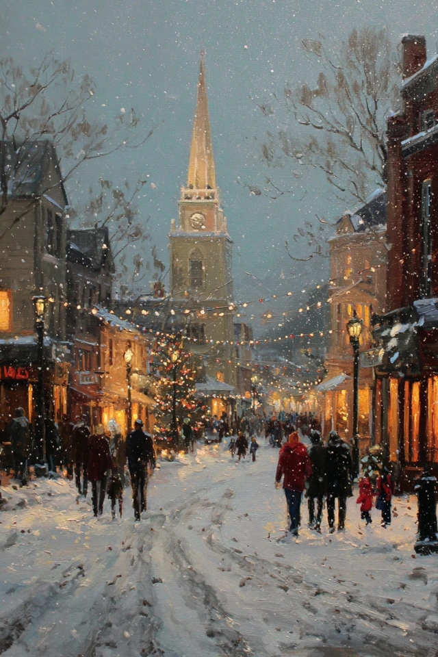 New England Winter Street Painting Christmas Snowfall