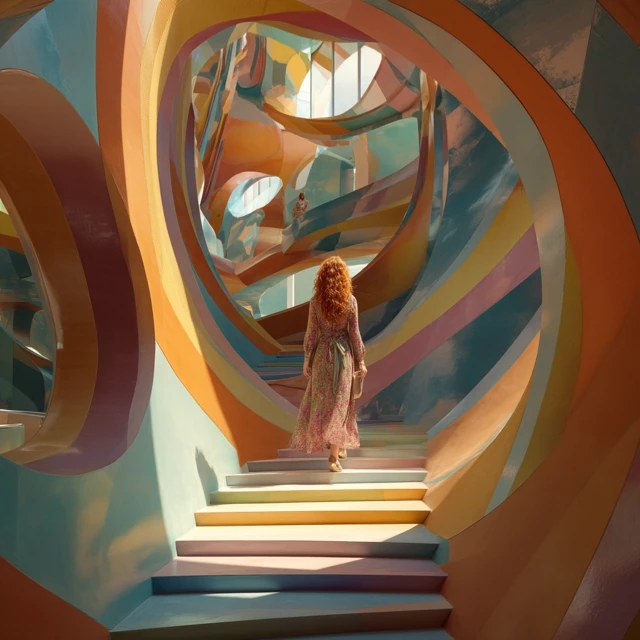 Woman in Floral Dress Walking Abstract Staircase