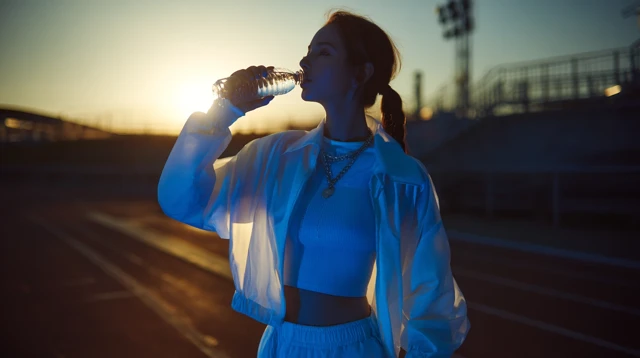Girl in Sportswear Drinks Water on Runway