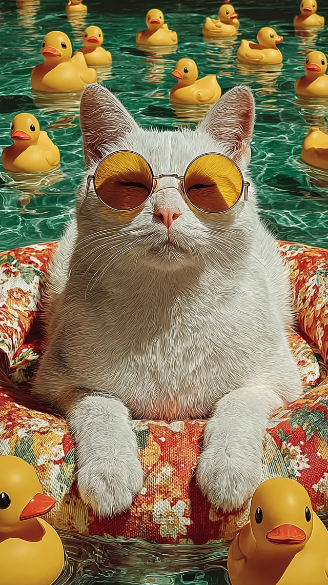 Kawaii Cat in Sunglasses Floating in Pool