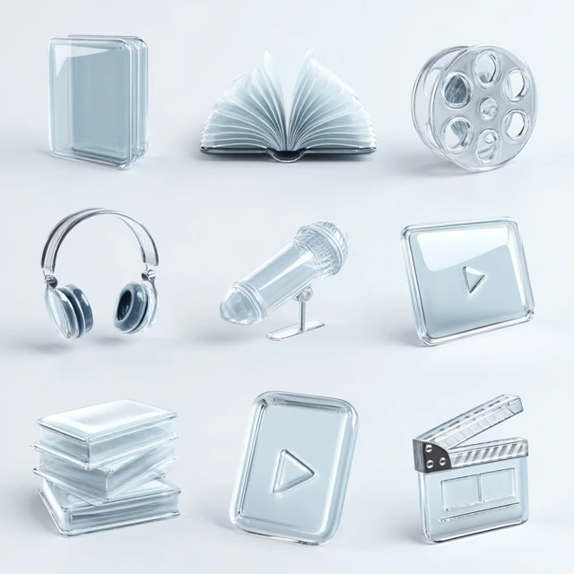 3D Glass Media Icons Book Audiobook Headphones Movie Clapperboard