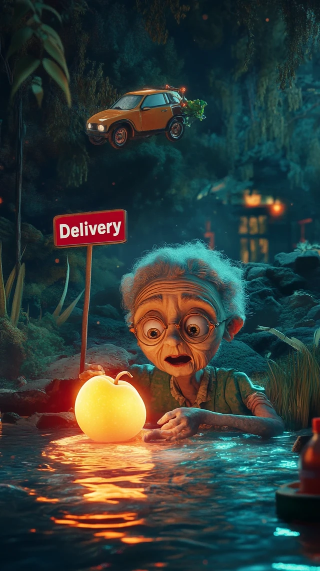 Cartoon Grandma Peach Delivery Surreal Scene