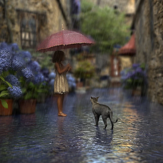 Rainy Alleyway Girl Hydrangeas and a Cat