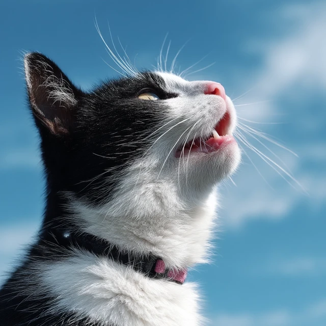 Happy Tuxedo Cat Looking Up at Blue Sky Profile View